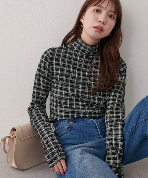 natural couture(ナチュラルクチュール)の「チェック柄シャーリングプルオーバー(Tシャツ/カットソー・レディース・オフホワイト/ブラック・FREE)」の16枚目の写真