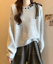 リボンネックルーズニットプルオーバー