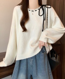 リボンネックルーズニットプルオーバー