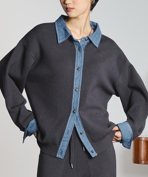 GENE HEAVENS(ジーンヘブンズ)の「GENE HEAVENS/KNIT x DENIM CARDIGAN(ニット/セーター・レディース・マスタード/グレー・ONE SIZE)」の1枚目の写真