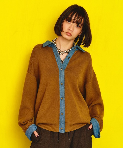 GENE HEAVENS(ジーンヘブンズ)の「GENE HEAVENS/KNIT x DENIM CARDIGAN(ニット/セーター・レディース・マスタード/グレー・ONE SIZE)」の3枚目の写真