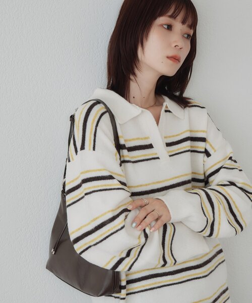 DISCOAT(ディスコート)の「【WEB限定】マルチボーダースキッパーニット(ニット/セーター・レディース・キャメル/チャコールグレー/アイボリー・FREE)」の1枚目の写真