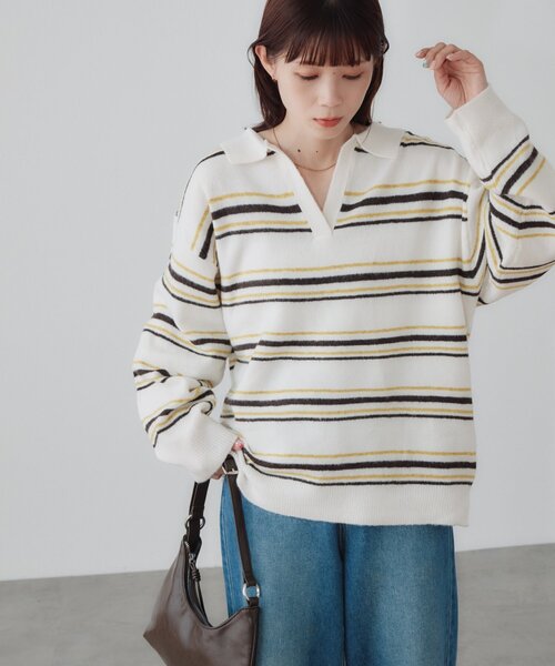 DISCOAT(ディスコート)の「【WEB限定】マルチボーダースキッパーニット(ニット/セーター・レディース・キャメル/チャコールグレー/アイボリー・FREE)」の6枚目の写真