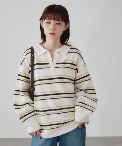 DISCOAT(ディスコート)の「【WEB限定】マルチボーダースキッパーニット(ニット/セーター・レディース・キャメル/チャコールグレー/アイボリー・FREE)」の7枚目の写真