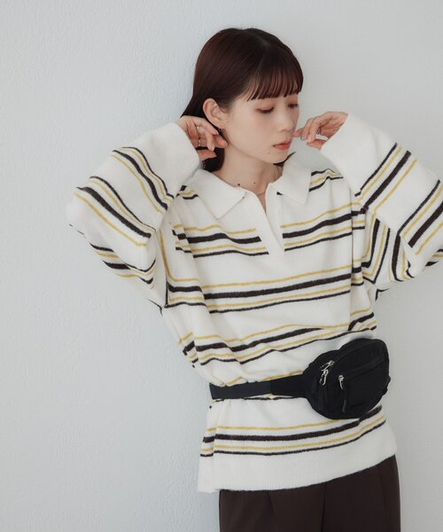 DISCOAT(ディスコート)の「【WEB限定】マルチボーダースキッパーニット(ニット/セーター・レディース・キャメル/チャコールグレー/アイボリー・FREE)」の14枚目の写真