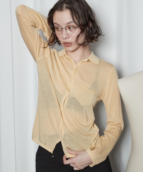OFROOM(オフルーム)の「【2026秋冬新作】Sheer Knit Polo Cardigan|シアーニットポロカーディガン(カーディガン/ボレロ・レディース・アイボリー/イエロー/グレー・FREE)」の3枚目の写真