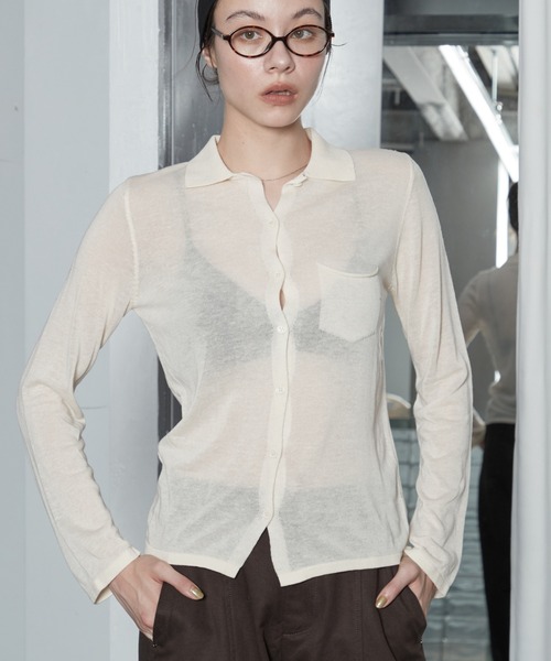 OFROOM(オフルーム)の「【2026秋冬新作】Sheer Knit Polo Cardigan|シアーニットポロカーディガン(カーディガン/ボレロ・レディース・アイボリー/イエロー/グレー・FREE)」の2枚目の写真