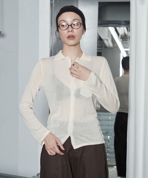 OFROOM(オフルーム)の「【2026秋冬新作】Sheer Knit Polo Cardigan|シアーニットポロカーディガン(カーディガン/ボレロ・レディース・アイボリー/イエロー/グレー・FREE)」の11枚目の写真