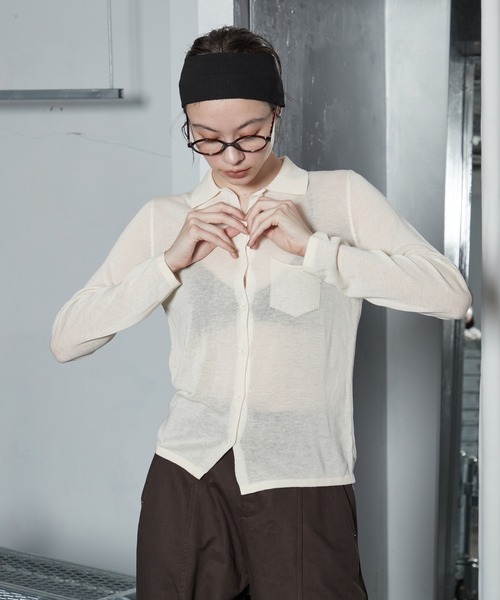 OFROOM(オフルーム)の「【2026秋冬新作】Sheer Knit Polo Cardigan|シアーニットポロカーディガン(カーディガン/ボレロ・レディース・アイボリー/イエロー/グレー・FREE)」の12枚目の写真