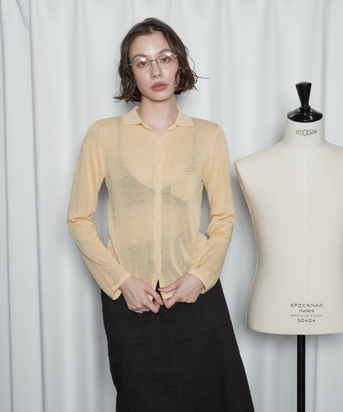 OFROOM(オフルーム)の「【2026秋冬新作】Sheer Knit Polo Cardigan|シアーニットポロカーディガン(カーディガン/ボレロ・レディース・アイボリー/イエロー/グレー・FREE)」の7枚目の写真