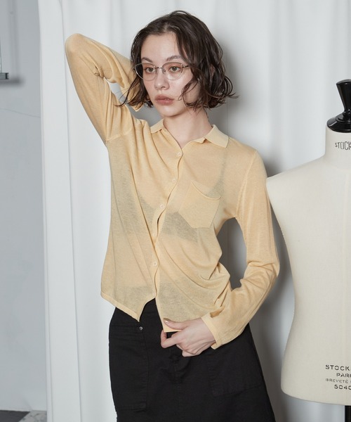 OFROOM(オフルーム)の「【2026秋冬新作】Sheer Knit Polo Cardigan|シアーニットポロカーディガン(カーディガン/ボレロ・レディース・アイボリー/イエロー/グレー・FREE)」の8枚目の写真