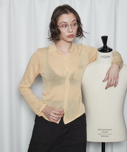 OFROOM(オフルーム)の「【2026秋冬新作】Sheer Knit Polo Cardigan|シアーニットポロカーディガン(カーディガン/ボレロ・レディース・アイボリー/イエロー/グレー・FREE)」の9枚目の写真