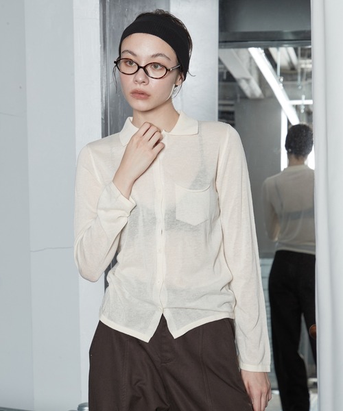 OFROOM(オフルーム)の「【2026秋冬新作】Sheer Knit Polo Cardigan|シアーニットポロカーディガン(カーディガン/ボレロ・レディース・アイボリー/イエロー/グレー・FREE)」の10枚目の写真