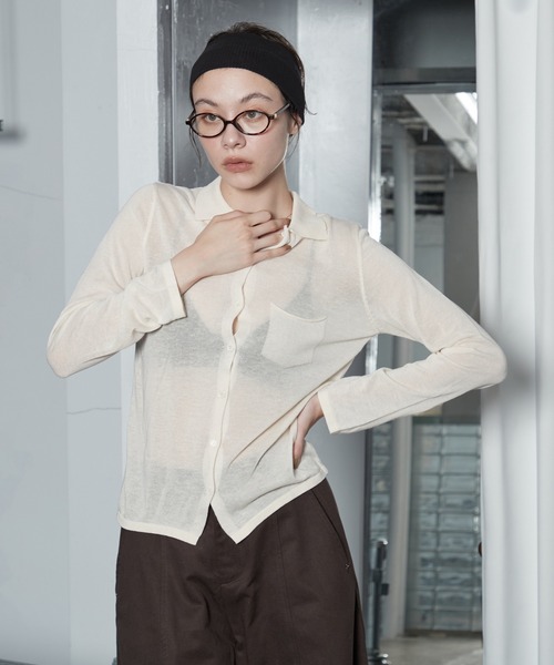 OFROOM(オフルーム)の「【2026秋冬新作】Sheer Knit Polo Cardigan|シアーニットポロカーディガン(カーディガン/ボレロ・レディース・アイボリー/イエロー/グレー・FREE)」の4枚目の写真