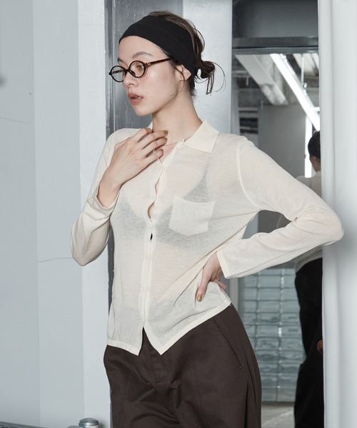 OFROOM(オフルーム)の「【2026秋冬新作】Sheer Knit Polo Cardigan|シアーニットポロカーディガン(カーディガン/ボレロ・レディース・アイボリー/イエロー/グレー・FREE)」の5枚目の写真