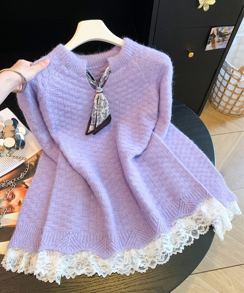 LUCPY（ラクピー）の「リボンタイ レーストリムニットプルオーバー（ニット/セーター・レディース・グレー/パープル/ホワイト・LARGE/MEDIUM/SMALL）」の3枚目の写真