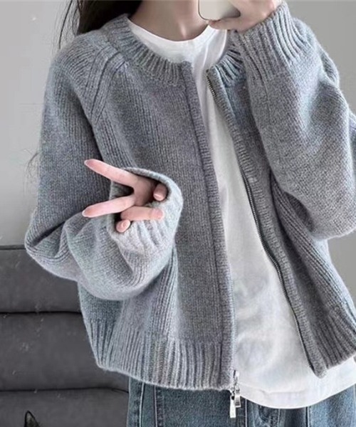 NANEA（ナネア）の「ジップアップニットカーディガン（カーディガン/ボレロ・レディース・アイボリー/グリーン/オレンジ/ブルー/ピンク/レッド/グレー/ブラック・フリー）」の3枚目の写真