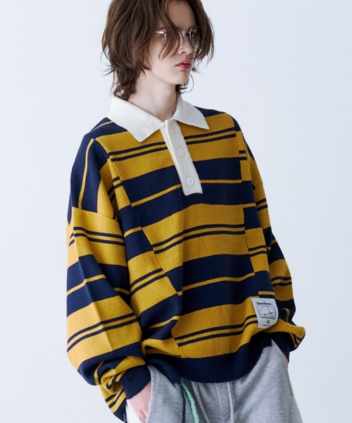 SeeSew(シーソー)の「【UNISEX】BORDER KNIT POLO/ボーダーニットポロシャツ(ポロシャツ・メンズ・イエロー/ネイビー・L/M)」の2枚目の写真