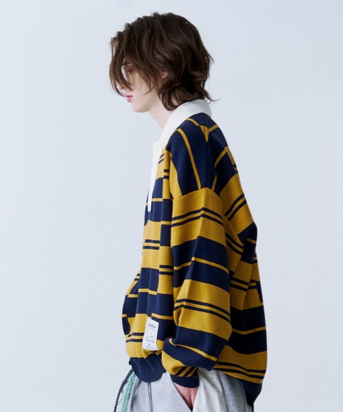 SeeSew(シーソー)の「【UNISEX】BORDER KNIT POLO/ボーダーニットポロシャツ(ポロシャツ・メンズ・イエロー/ネイビー・L/M)」の8枚目の写真