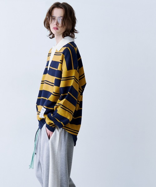 SeeSew(シーソー)の「【UNISEX】BORDER KNIT POLO/ボーダーニットポロシャツ(ポロシャツ・メンズ・イエロー/ネイビー・L/M)」の7枚目の写真