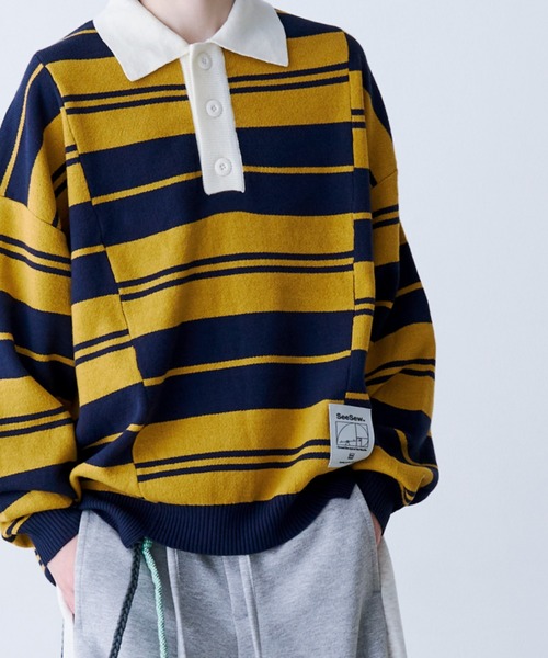 SeeSew(シーソー)の「【UNISEX】BORDER KNIT POLO/ボーダーニットポロシャツ(ポロシャツ・メンズ・イエロー/ネイビー・L/M)」の10枚目の写真