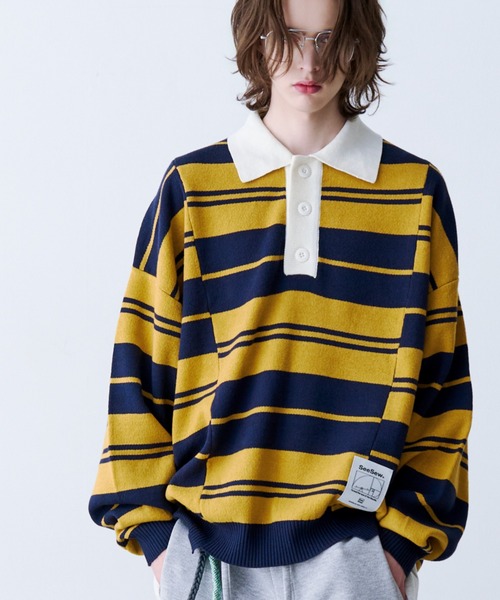 SeeSew(シーソー)の「【UNISEX】BORDER KNIT POLO/ボーダーニットポロシャツ(ポロシャツ・メンズ・イエロー/ネイビー・L/M)」の6枚目の写真