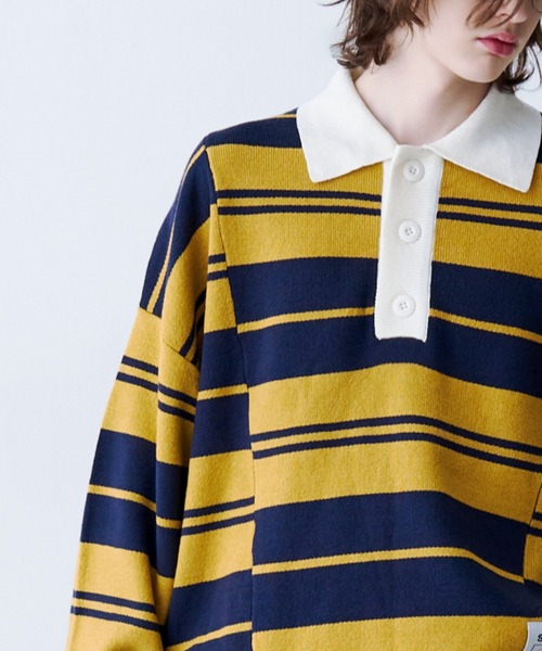 SeeSew(シーソー)の「【UNISEX】BORDER KNIT POLO/ボーダーニットポロシャツ(ポロシャツ・メンズ・イエロー/ネイビー・L/M)」の9枚目の写真