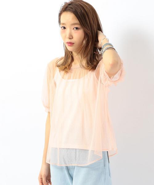 Another Edition（アナザーエディション）の「ドットチュールハイネックショートスリーブブラウス/ AEMFC DOTチュール H/N　SSL◆（シャツ/ブラウス・レディース・ホワイト/ライトピンク・FREE）」の2枚目の写真