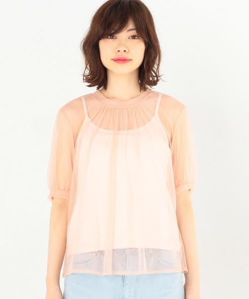 Another Edition（アナザーエディション）の「ドットチュールハイネックショートスリーブブラウス/ AEMFC DOTチュール H/N　SSL◆（シャツ/ブラウス・レディース・ホワイト/ライトピンク・FREE）」の3枚目の写真