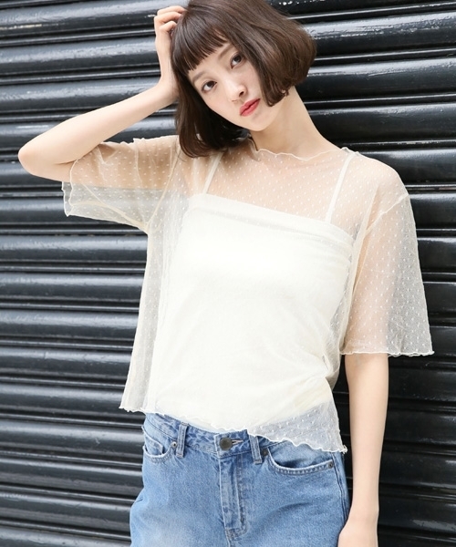 LOWRYS FARM（ローリーズファーム）の「★セットアイテム★ドットチュール＆キャミソール　764406 （Tシャツ/カットソー・レディース・オフホワイト/ベージュ/ブラック・MEDIUM/LARGE）」の3枚目の写真