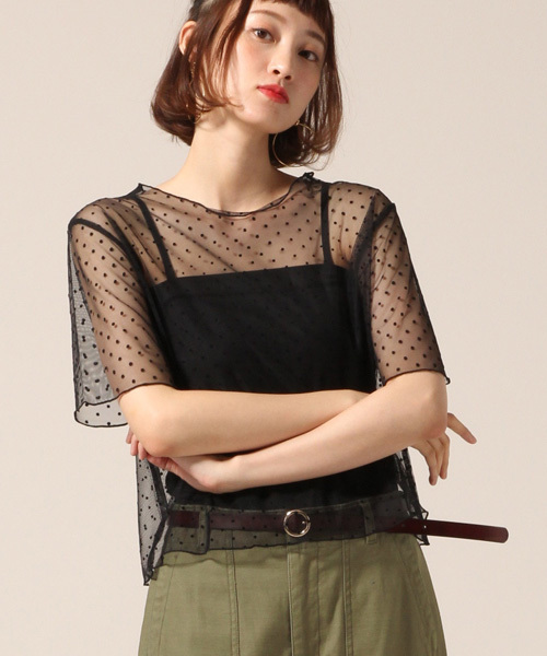 LOWRYS FARM（ローリーズファーム）の「★セットアイテム★ドットチュール＆キャミソール　764406 （Tシャツ/カットソー・レディース・オフホワイト/ベージュ/ブラック・MEDIUM/LARGE）」の2枚目の写真