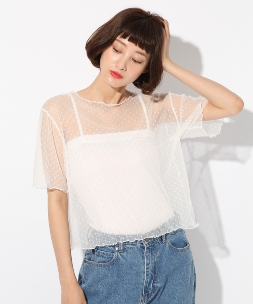 LOWRYS FARM（ローリーズファーム）の「★セットアイテム★ドットチュール＆キャミソール　764406 （Tシャツ/カットソー・レディース・オフホワイト/ベージュ/ブラック・MEDIUM/LARGE）」の6枚目の写真