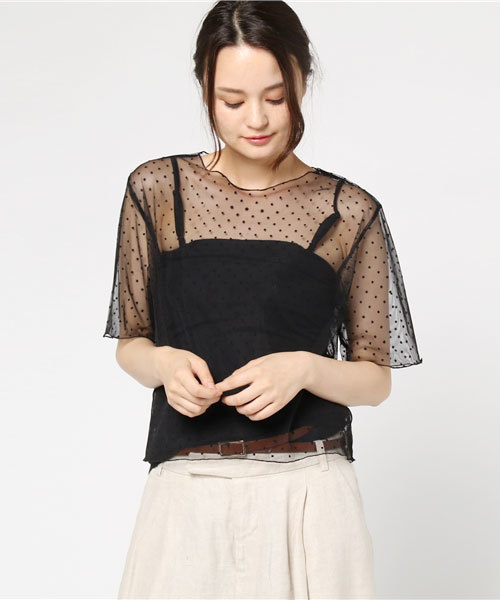 LOWRYS FARM（ローリーズファーム）の「★セットアイテム★ドットチュール＆キャミソール　764406 （Tシャツ/カットソー・レディース・オフホワイト/ベージュ/ブラック・MEDIUM/LARGE）」の18枚目の写真