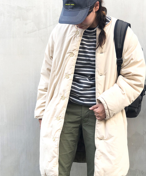 GREEN BOWL(グリーンボウル)の「GREEN BOWL No-collar Liner Long Jacket/グリーンボウルノーカラーライナーロングコート(ノーカラージャケット・メンズ・オリーブ/ネイビー/ベージュ/ブラウン系その他/クリーム・38/40)」の8枚目の写真