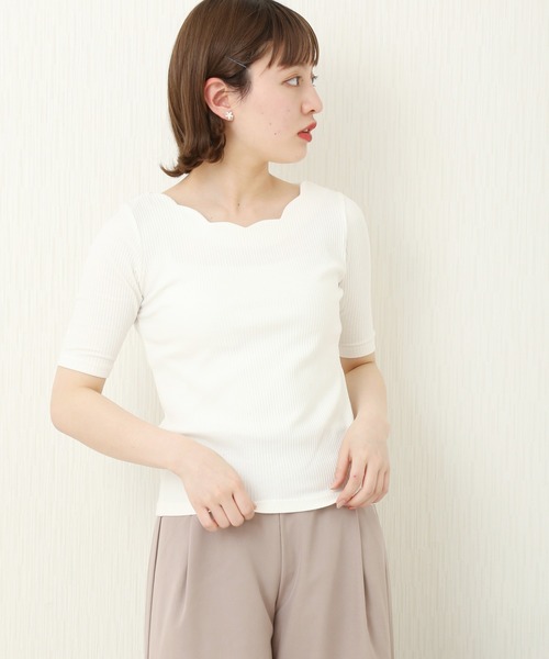 MARBLE WALTS(マーブルワルツ)の「スカラップリブカットソー 5分袖(Tシャツ/カットソー・レディース・オフホワイト/ブラック/ネイビー/ピンク・L/M)」の2枚目の写真