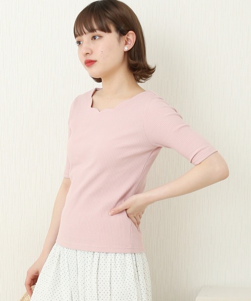 MARBLE WALTS(マーブルワルツ)の「スカラップリブカットソー 5分袖(Tシャツ/カットソー・レディース・オフホワイト/ブラック/ネイビー/ピンク・L/M)」の1枚目の写真