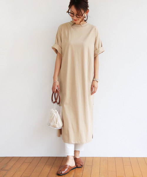 MEYAME コットン シャツワンピース 半袖ベージュ アンドミー andme コットン半袖オーバーサイズTシャツワンピース