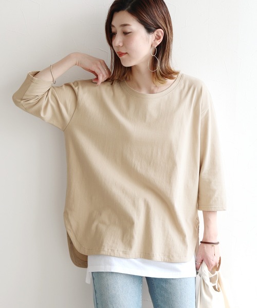 reca(レカ)の「ラウンド裾 七分袖カットソー(Tシャツ/カットソー・レディース・ホワイト/ブラック/カーキ/グレー系その他/ライトベージュ/グレイッシュベージュ・FREE)」の5枚目の写真