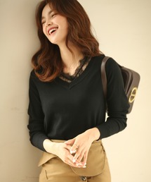 SAISON DE PAPILLON | レース切り替えVネックニットプルオーバー(ニット/セーター)