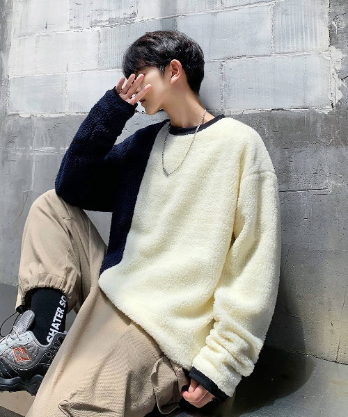 neos（ネオス）の「【neos -addictive design-】ルーズシルエット シープボア クルーネック バイカラー トレーナー（スウェット・メンズ・オフホワイト/ホワイト×ネイビー/ブラック/ベージュ/カーキ/ネイビー・MEDIUM/LARGE/X-LARGE）」の11枚目の写真