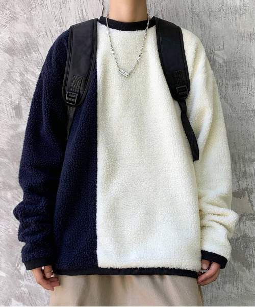 neos（ネオス）の「【neos -addictive design-】ルーズシルエット シープボア クルーネック バイカラー トレーナー（スウェット・メンズ・オフホワイト/ホワイト×ネイビー/ブラック/ベージュ/カーキ/ネイビー・MEDIUM/LARGE/X-LARGE）」の14枚目の写真