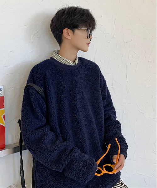 neos（ネオス）の「【neos -addictive design-】ルーズシルエット シープボア クルーネック バイカラー トレーナー（スウェット・メンズ・オフホワイト/ホワイト×ネイビー/ブラック/ベージュ/カーキ/ネイビー・MEDIUM/LARGE/X-LARGE）」の9枚目の写真