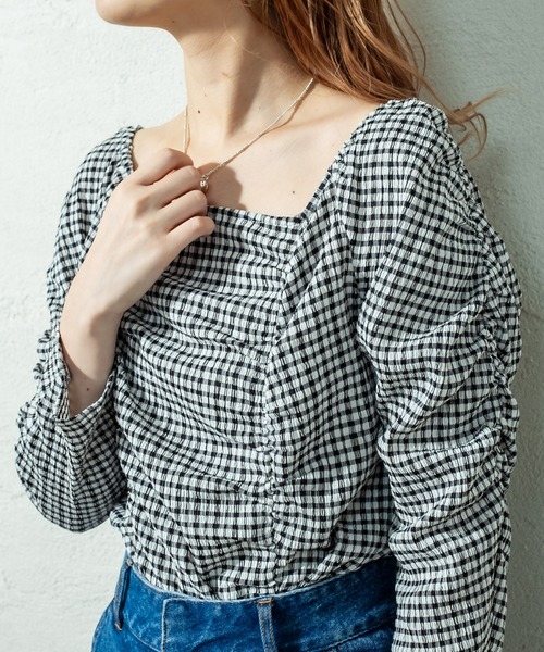 mystic（ミスティック）の「シャーリングチェックブラウス（シャツ/ブラウス・レディース・オフホワイト/ブラック/ベージュ・FREE）」の9枚目の写真