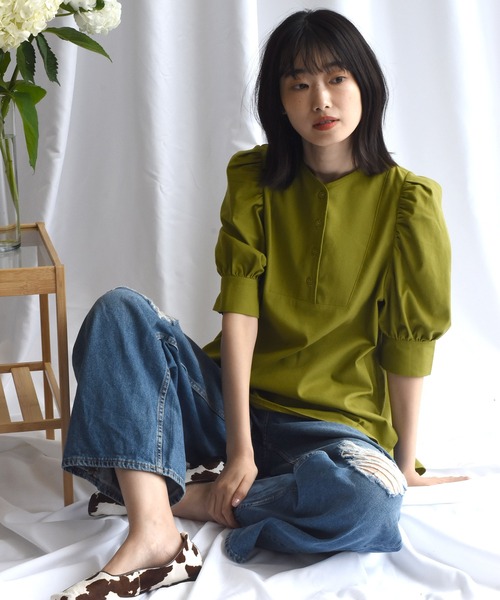 Alley by w closet(アリーバイダブルクローゼット)の「【Alley】ドレスシャツ風ブラウス(シャツ/ブラウス・レディース・ブラウン/キナリ/ライム・FREE)」の3枚目の写真