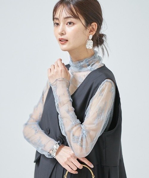 Cookie Chocolate(クッキーチョコレート)の「ハイネックレースシースルートップス(Tシャツ/カットソー・レディース・ベージュ/サックスブルー/アイボリー・MEDIUM)」の7枚目の写真