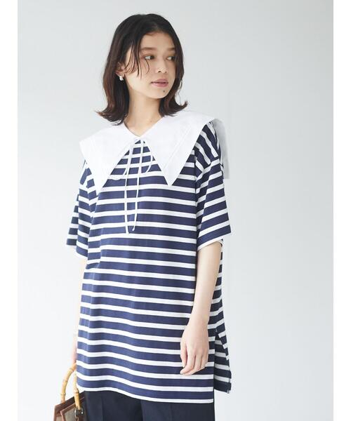 Green　Parks（グリーンパークス）の「2Way 襟×ボーダーチュニック＊（Tシャツ/カットソー・レディース・ライトブルー/ベージュ/ネイビー・FREE）」の4枚目の写真