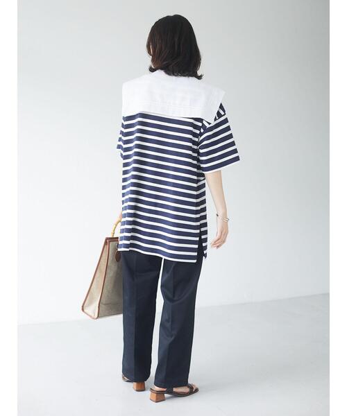 Green　Parks（グリーンパークス）の「2Way 襟×ボーダーチュニック＊（Tシャツ/カットソー・レディース・ライトブルー/ベージュ/ネイビー・FREE）」の5枚目の写真