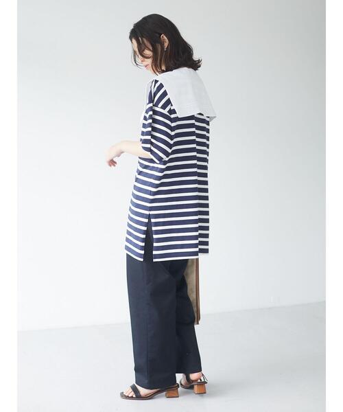 Green　Parks（グリーンパークス）の「2Way 襟×ボーダーチュニック＊（Tシャツ/カットソー・レディース・ライトブルー/ベージュ/ネイビー・FREE）」の6枚目の写真