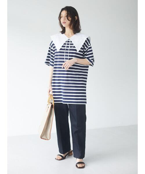 Green　Parks（グリーンパークス）の「2Way 襟×ボーダーチュニック＊（Tシャツ/カットソー・レディース・ライトブルー/ベージュ/ネイビー・FREE）」の7枚目の写真