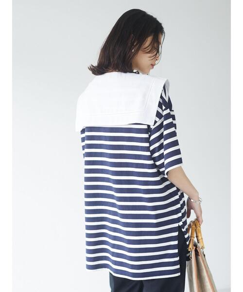 Green　Parks（グリーンパークス）の「2Way 襟×ボーダーチュニック＊（Tシャツ/カットソー・レディース・ライトブルー/ベージュ/ネイビー・FREE）」の8枚目の写真